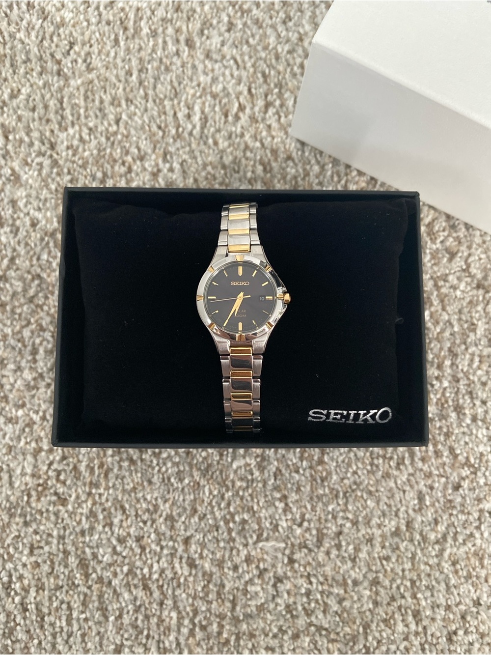 NWT Seiko Women's SUT316 Core Solar Black Dial Two Tone Steel Pwer Reserve Watch